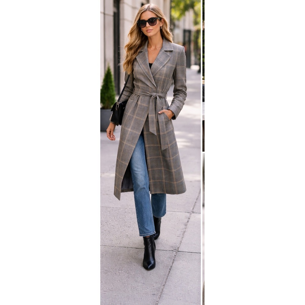 NWOT Lovers +‎ Friends Metallic Plaid Belted Trench Coat Longline Career XS